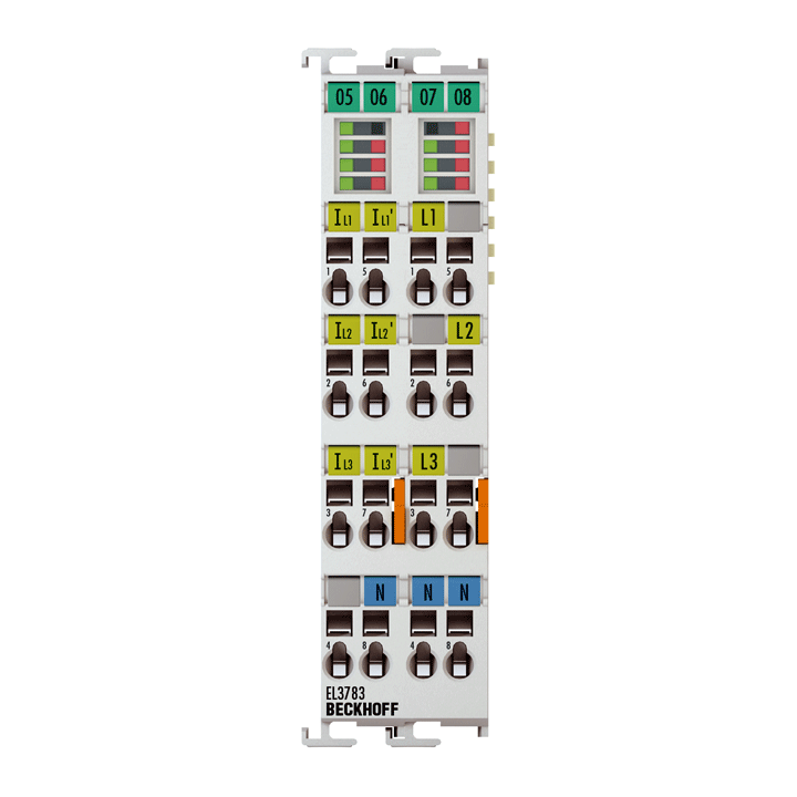 Beckhoff EtherCAT Terminal, 3-channel analog input, multi-function, 690 V AC, 1/5 A, 16 bit, 20 ksps, electrically isolated, oversampling EL3783