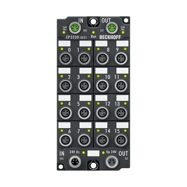 Beckhoff EtherCAT Box, 16-channel digital combi, 24 V DC, 3 ms, 0.5 A, M8 EP2339-0021