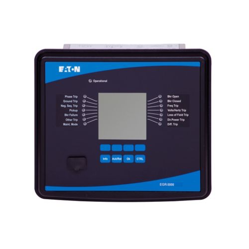 Eaton EGR-5000A1IB1 Generator Protection Relay, EGR-5000, 16 inputs, 9 outputs, Removable term., 5A/1A PC, 0.50A/0.10A GC, 40-250 Vac, 19-300 Vdc, Modbus-RTU + Modbus-TECP, Projection mount, Zone interlock, URTD interface, conformal coated circuit boards