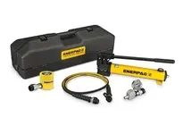 Enerpac SCL-201TB hydraulic tool set includes an RCS201 single-acting cylinder and P392 two-speed hand pump in a portable case. The RCS201 delivers 10