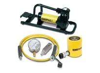 Enerpac SCL-502FP hydraulic tool set includes RCS502 50 ton single-acting cylinder and P392FP two-speed foot pump. Cylinder delivers 2 in stroke with