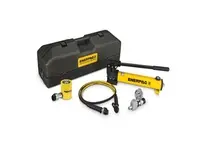 Enerpac SCL-502TB hydraulic tool set includes an RCS502 single-acting cylinder and P392 two-speed hand pump in a portable case. The cylinder provides