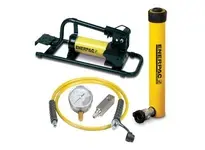 Enerpac SCR-1010FP hydraulic tool set includes an RC1010 single-acting cylinder and P392FP two-speed foot pump. The RC1010 cylinder provides 10-ton ca