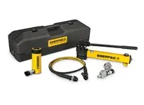Enerpac SCR-154TB hydraulic tool set includes an RC154 single-acting cylinder and P392 two-speed hand pump in a carrying case. The RC154 cylinder prov