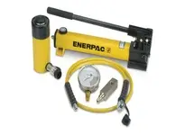 Enerpac SCR-506H hydraulic tool set pairs an RC506 50-ton single-acting cylinder with a P80 two-speed hand pump. The RC506 delivers 6 in stroke with s