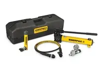 Enerpac SCR-55TB hydraulic tool set includes an RC55 single-acting cylinder and P392 two-speed hand pump in a carrying case. The RC55 cylinder provide