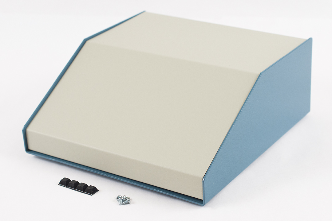 Hammond Manufacturing sloped metal console; 30 degree; beige top; blue case (1456KK4WHBU)