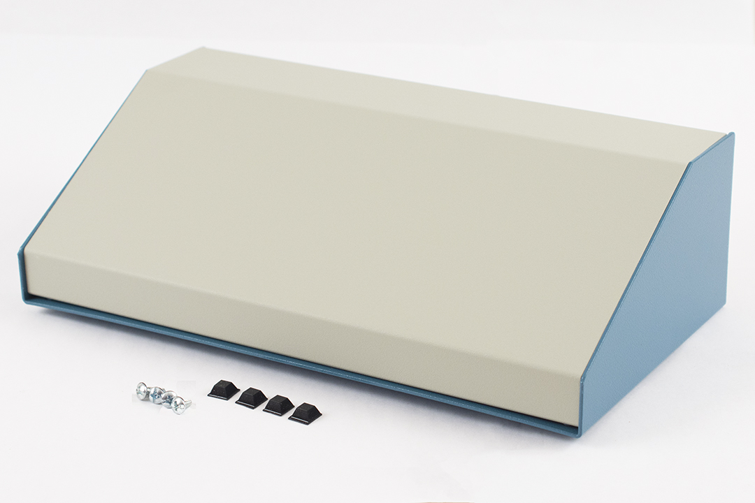 Hammond Manufacturing sloped metal console; 30 degree; beige top; blue case (1456PG4WHBU)