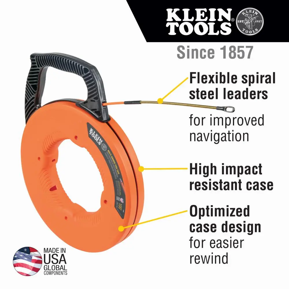 Klein 56380 Multi-Groove Fish Tape With Spiral Steel Leader, 0.182 in W Tape, 100 ft L Tape, Fiberglass Tape, Black/Orange