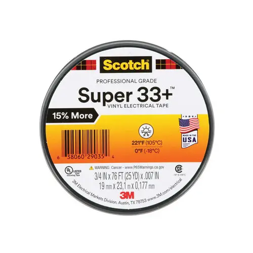 Scotch 7100201470 Super 33 Vinyl Tape, 25 yd L 0.75 in W, 7 mil THK, Rubber Adhesive, PVC Backing, Black
