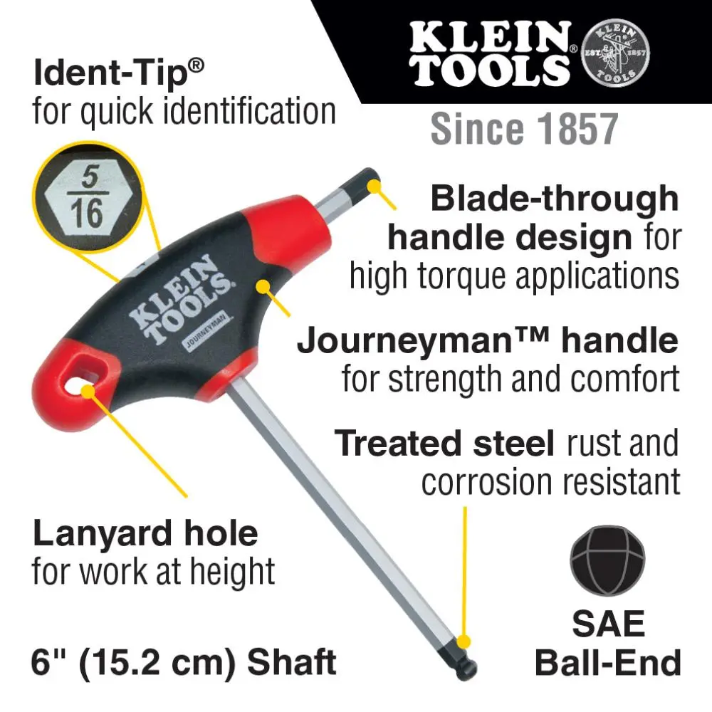 Klein Journeyman™ JTH610EB Ball End Hex Key Set With Stand, 10 Pieces, 3/32 to 3/8 in Hex, T-Handle Grip Handle, Steel