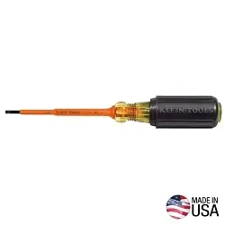 Klein 612-4-INS Screwdriver, 1/8 in Cabinet Point, Steel Shank, 7-3/4 in OAL, Plastic Handle, Black Oxide, ASTM F1505