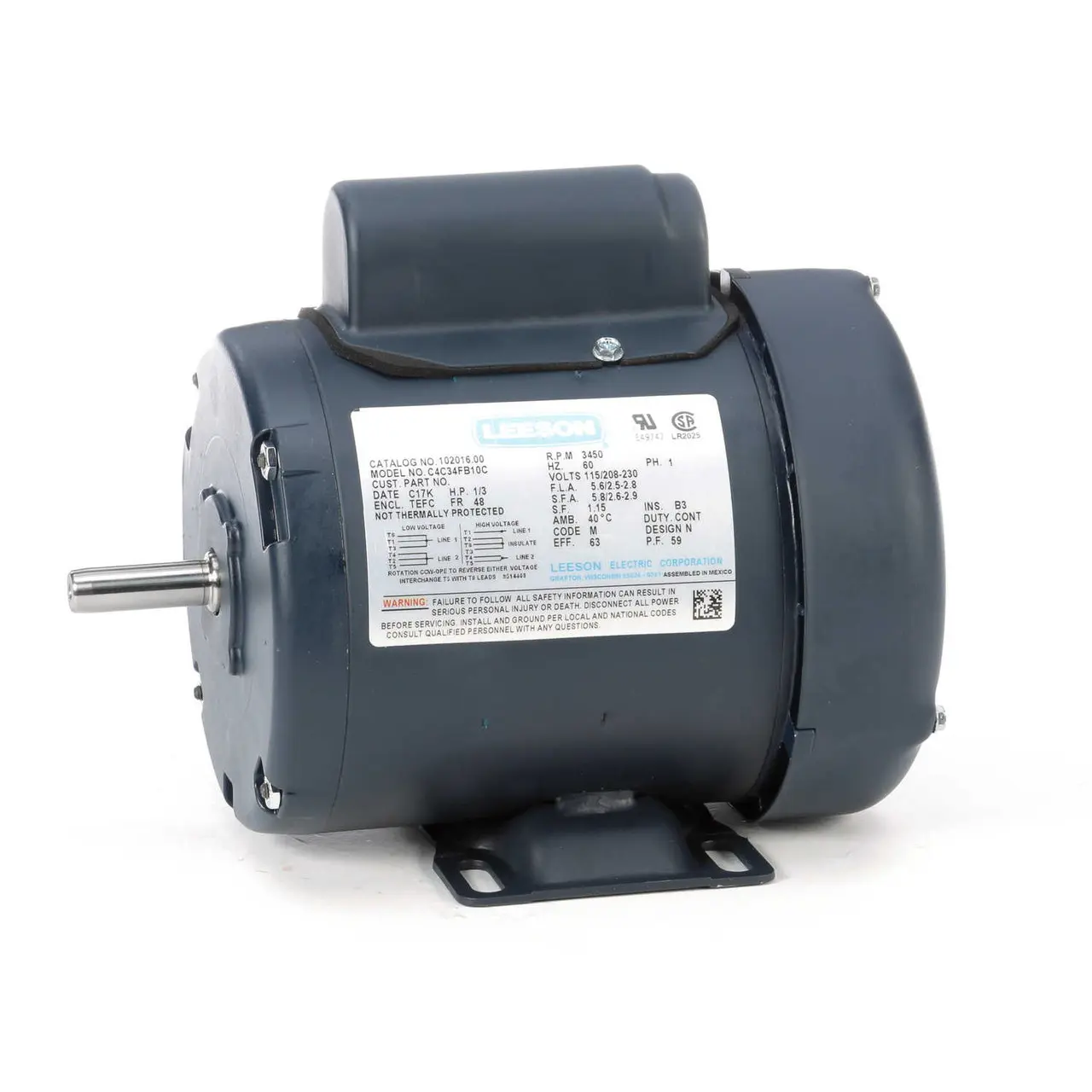 102016.00 Leeson |  1/3 hp 3450 RPM 48 Frame TEFC 115/208-230 Volts