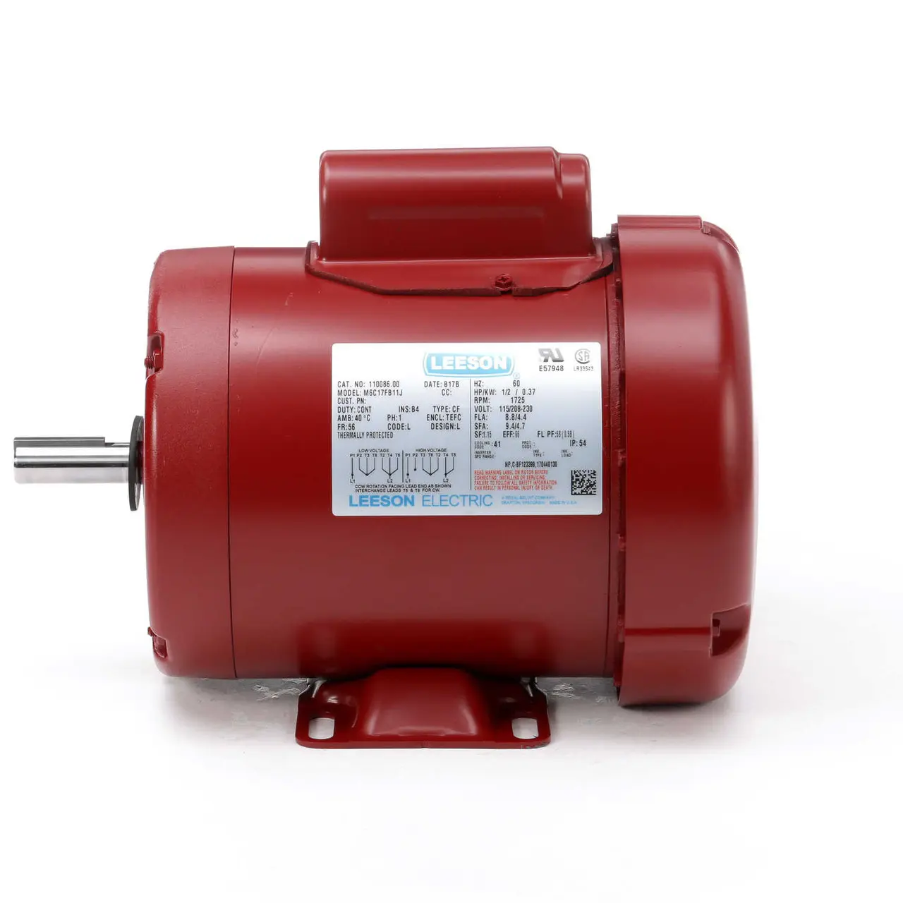 110086.00 Leeson |  1/2 hp 1725 RPM 56 Frame TEFC (Farm Duty) 115/208-230 volts