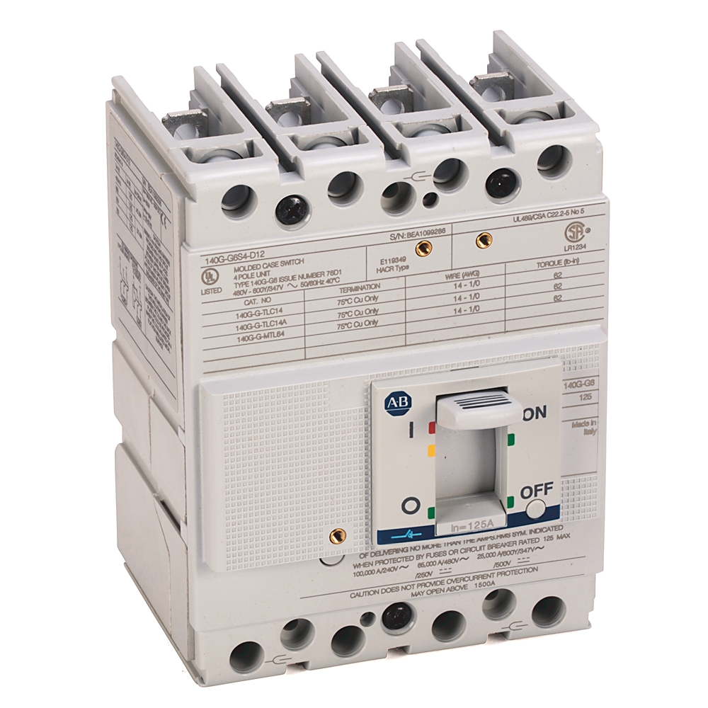 Allen-Bradley 140G-G6S4-D12 Molded Case Circuit Breaker, G frame, 65 kA at 480V, Molded Case Switch (Isolator), Rated Current 125 A, 4 Pole, Interrupting Code G6