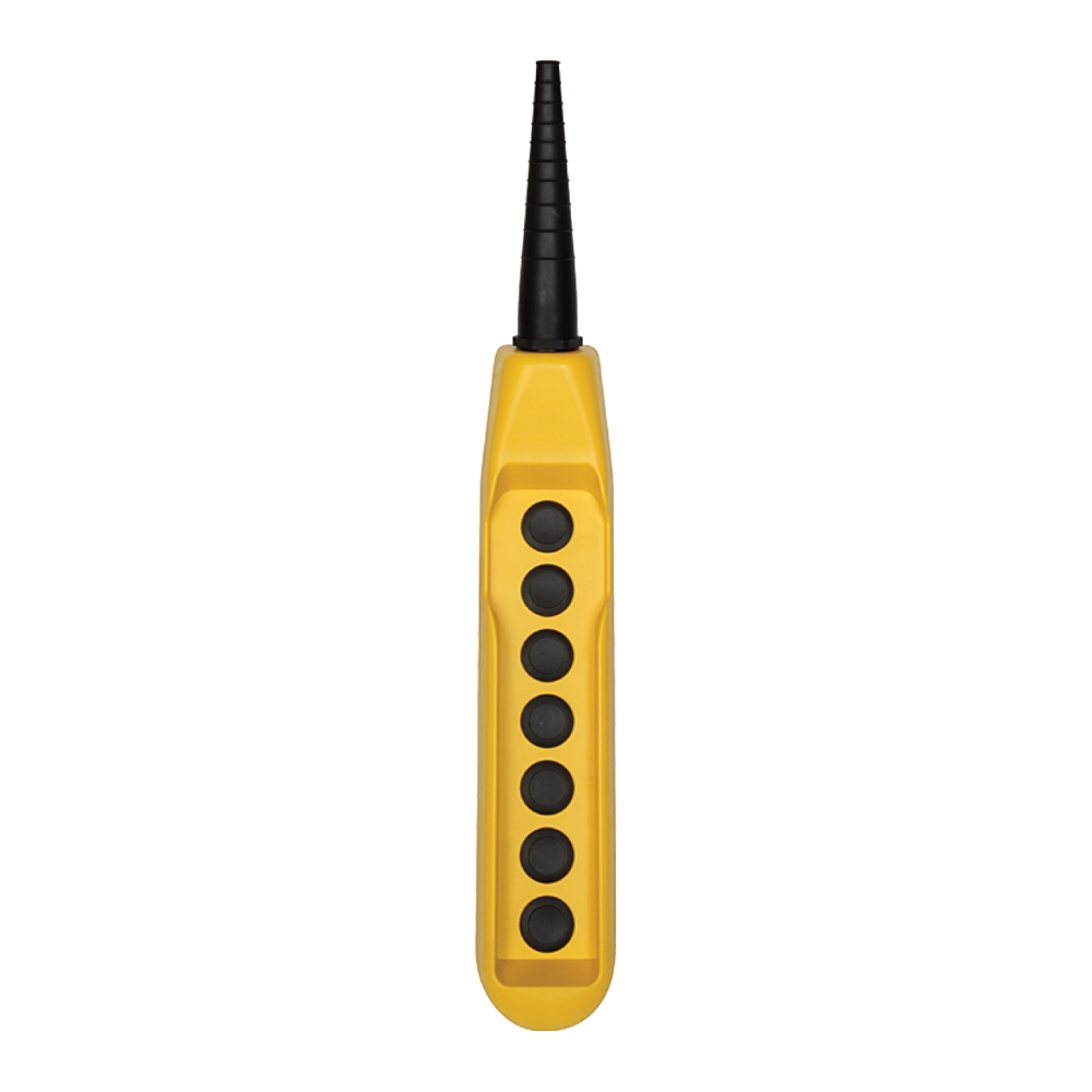Allen-Bradley 800FC-7Z Enclosure, Pendant Station, 7 Hole, Yellow Plastic IP66, Supplied with cabel sleeve, hanger ring, cable clamp, wire guides, and gasket, All operators are mounted horizontally.