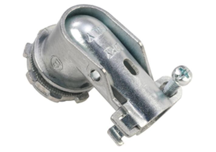 Bridgeport 802-MCIA2 Whipper-Snap® 802-MCIA2 90 deg Cable Connector With Steel Cover, 3/8 in Trade, 1 Conductor, 0.42 to 0.55 in Dia Cable Openings, Die Cast Zinc, Ball Burnished/Mirror Smooth