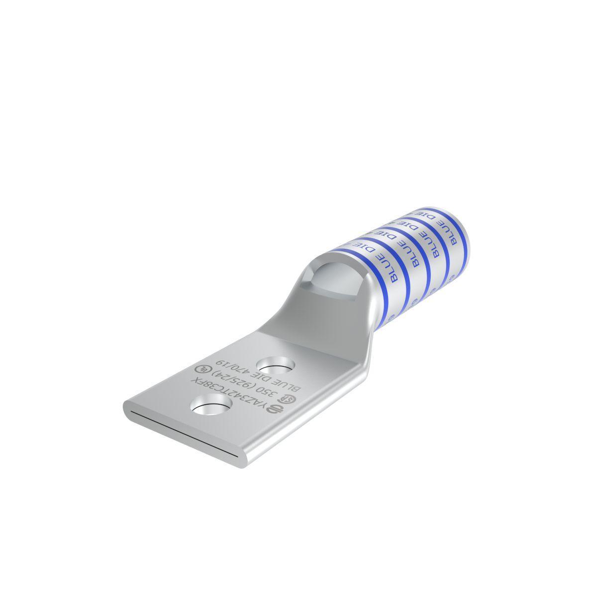 Burndy YAZ342TC38FX HYLUGTM YAZ342TC38FX YAZ-2TC-FX 2-Hole Compression Lug With Inspection Window, 350 kcmil Flexible Copper Conductor, Die Code: 19/470, 3/8 in Stud, Tin Plated Copper