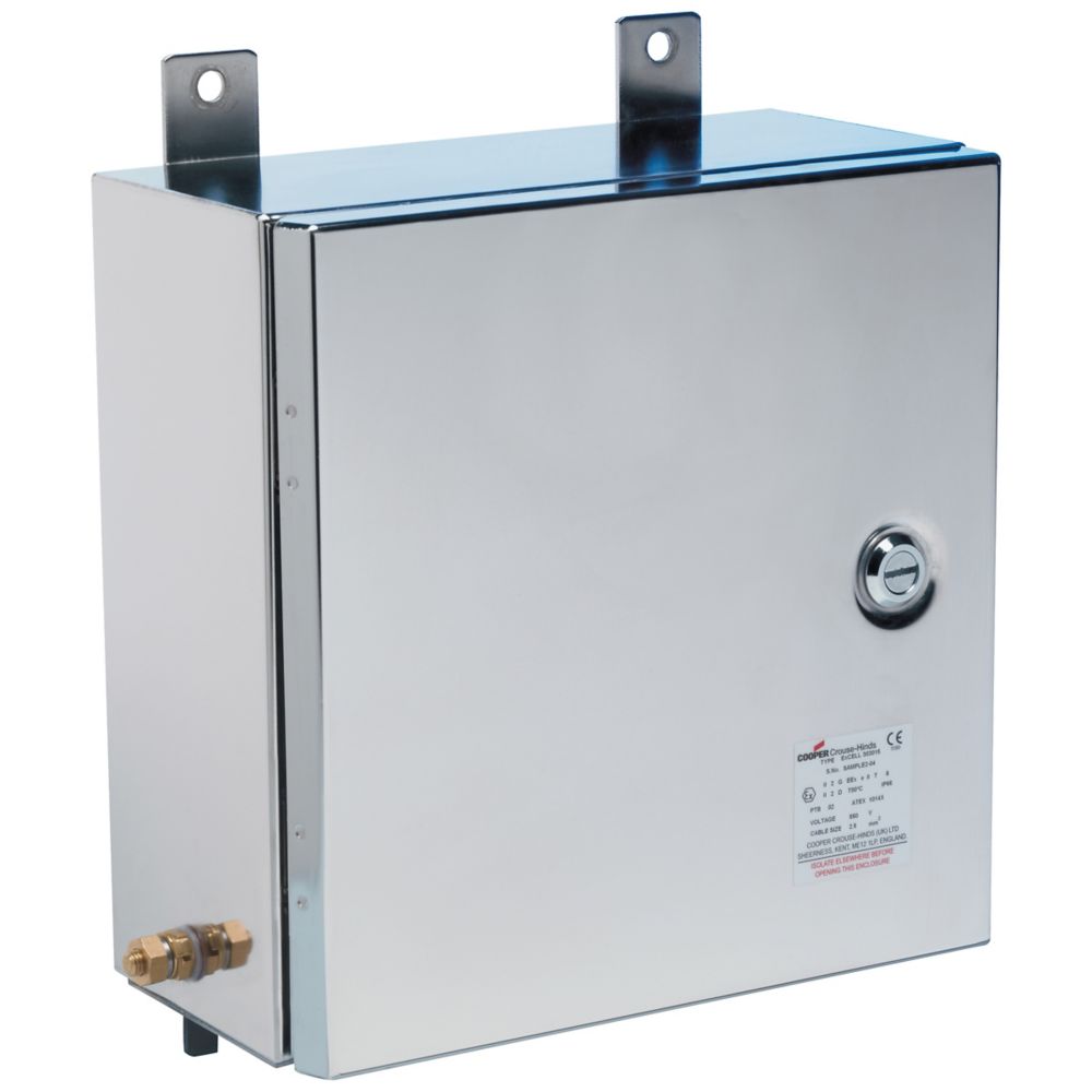 Eaton XLVS12020083 Crouse-Hinds series Ex-CELL enclosure, 20" x 20" x 8", 316L stainless steel, 3 gland plates, Vertical lugs