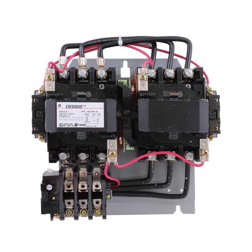 GE CR309D002 300 Line Full Voltage Non-Combination Reversing NEMA Magnetic Starter With Horizontal Mechanical Interlock, 115 to 120 VAC V Coil, 3 Poles, Open Enclosure