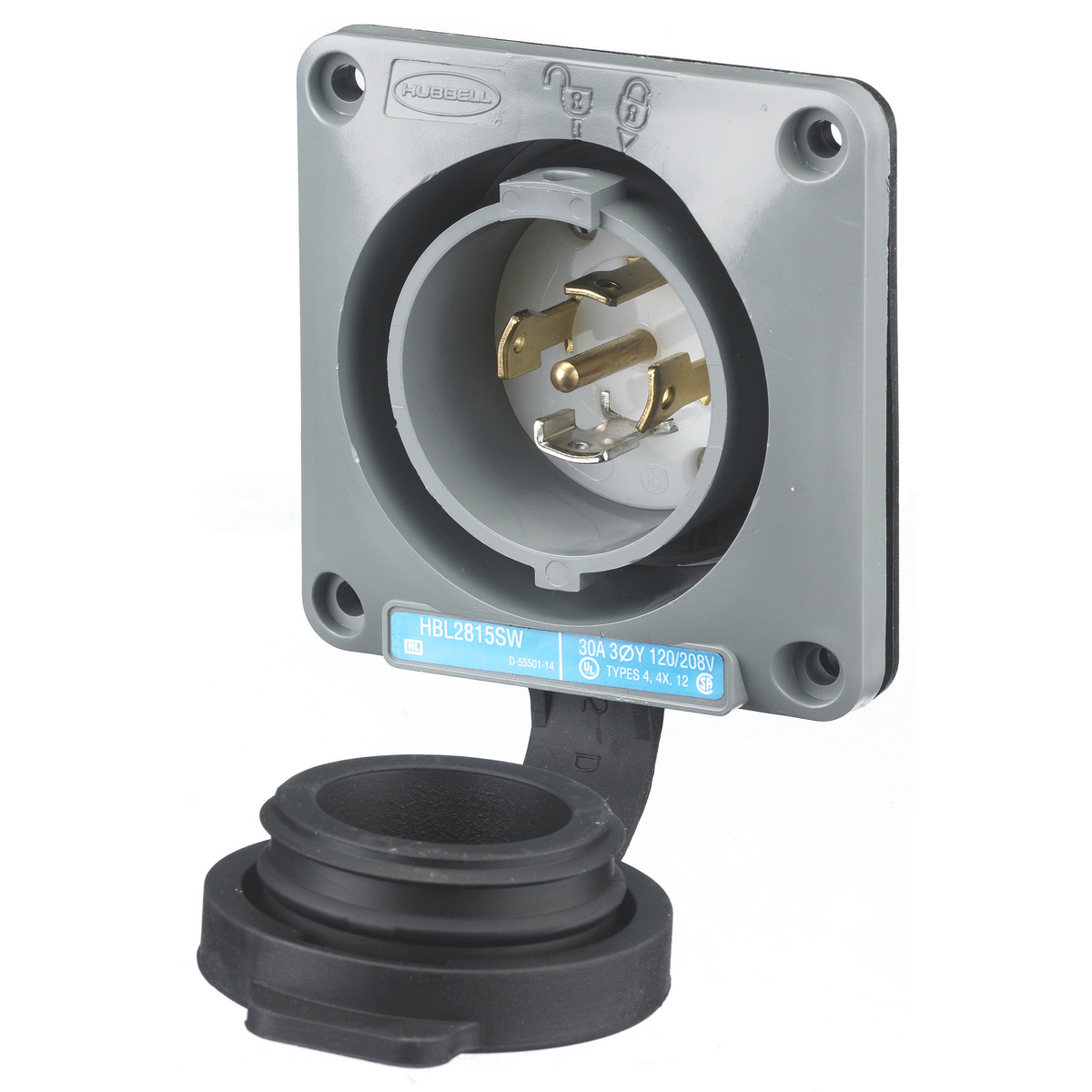 Hubbell Wiring Device-Kellems HBL2815SW Hubbell Wiring Device-Kellems Twist-Lock® Safety-Shroud® HBL2815SW 3-Phase Grounding Standard Single Shrouded Watertight Screw Mount Locking Flanged Inlet, 120/208 V AC, 30 A, 4 Poles, 5 Wires, Gray/White