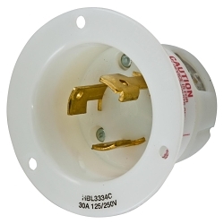 Hubbell Wiring Device-Kellems HBL3334C Hubbell Wiring Device-Kellems Insulgrip® Twist-Lock® HBL3334C Standard Flanged Inlet, 125/250 V AC, 30 A, 3 Poles, 3 Wires, White