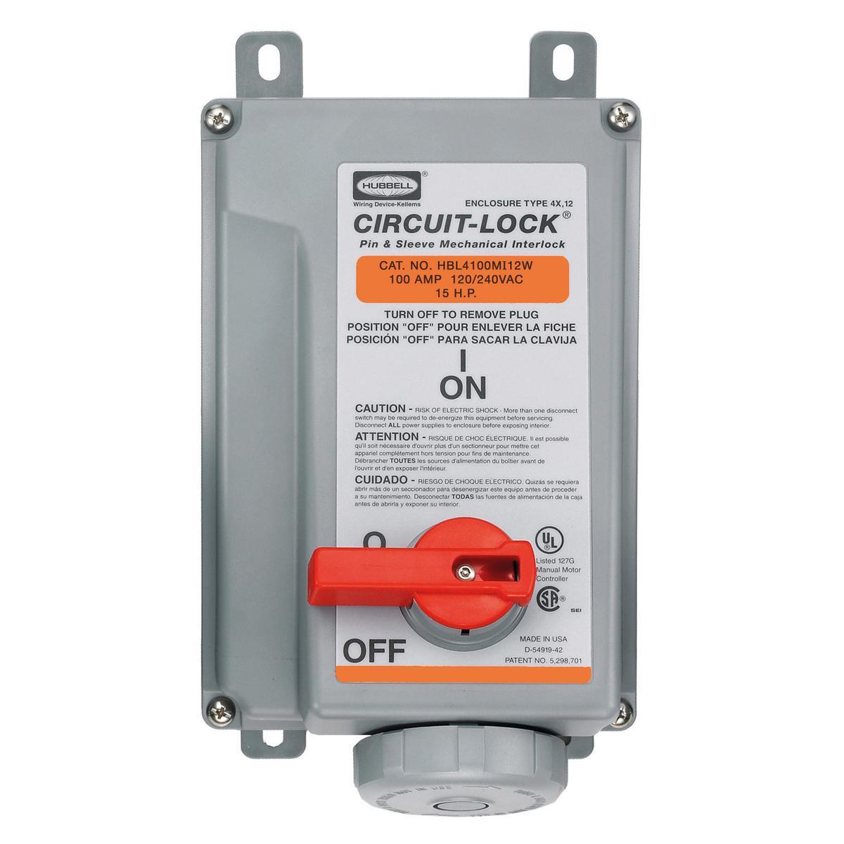 Hubbell Wiring Device-Kellems HBL4100MI12W HBL® Circuit-Lock® HBL4100MI12W 1-Phase Female Grounding Industrial Grade Standard Unfused Pressure Screw Terminal Watertight Pin and Sleeve Mechanical Interlock, 120/240 V AC, 100 A, 3 Poles, 4 Wires