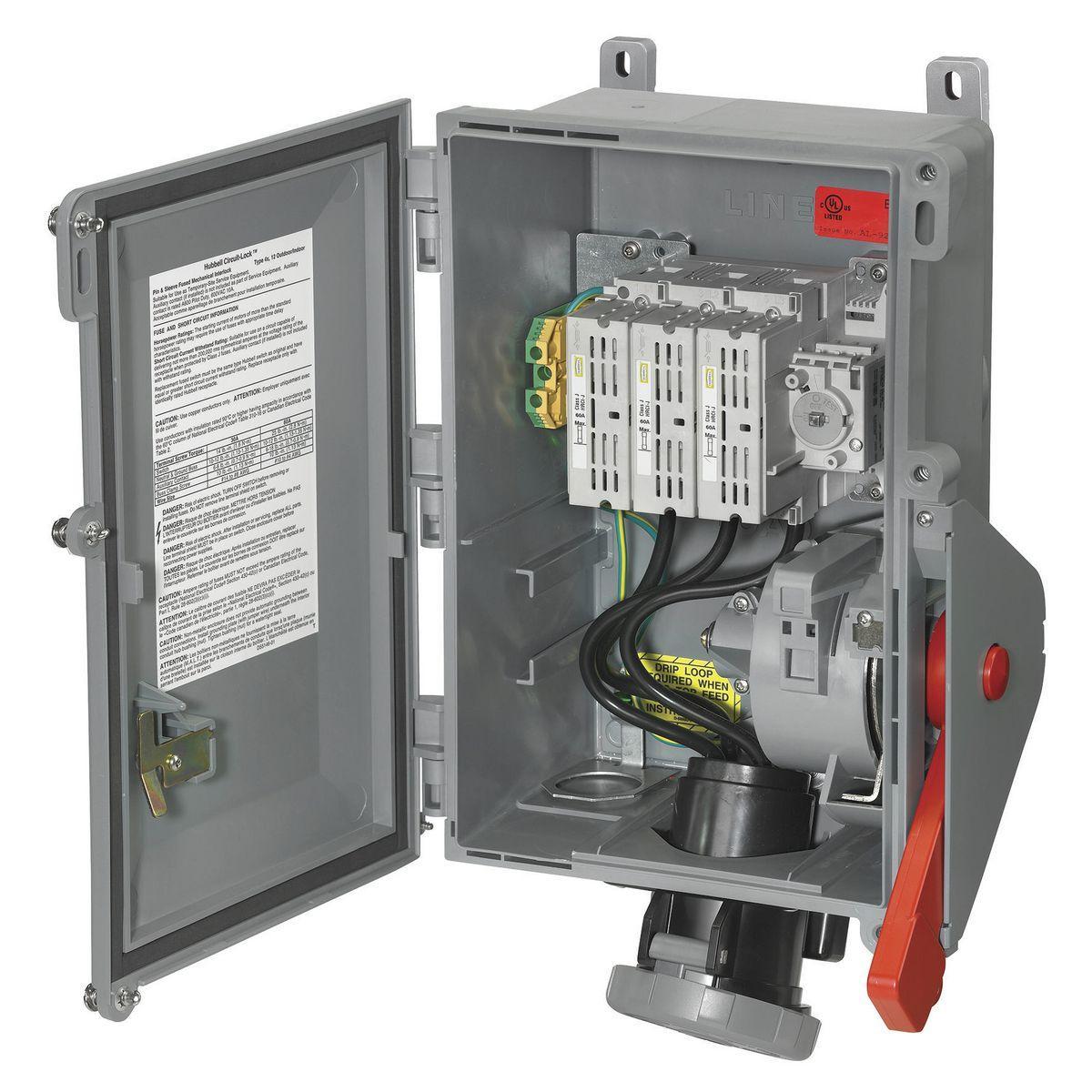 Hubbell Wiring Device-Kellems HBL430MIF5W HBL® Circuit-Lock® HBL430MIF5W 3-Phase Female Fusible Grounding Non-NEMA Standard Watertight Pressure Screw Terminal Pin and Sleeve Mechanical Interlock, 600 V AC, 30 A, 3 Poles, 4 Wires