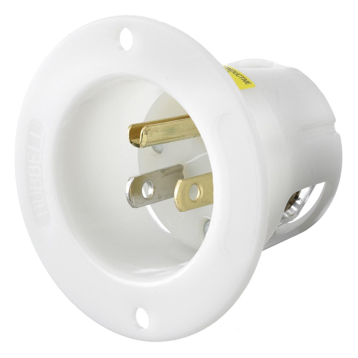 Hubbell Wiring Device-Kellems HBL5278C Hubbell Wiring Device-Kellems Twist-Lock® Insulgrip® HBL5278C 1-Phase Male Grounding Straight Blade Screw Mount Flanged Inlet, 125 V AC, 15 A, 2 Poles, 3 Wires, White