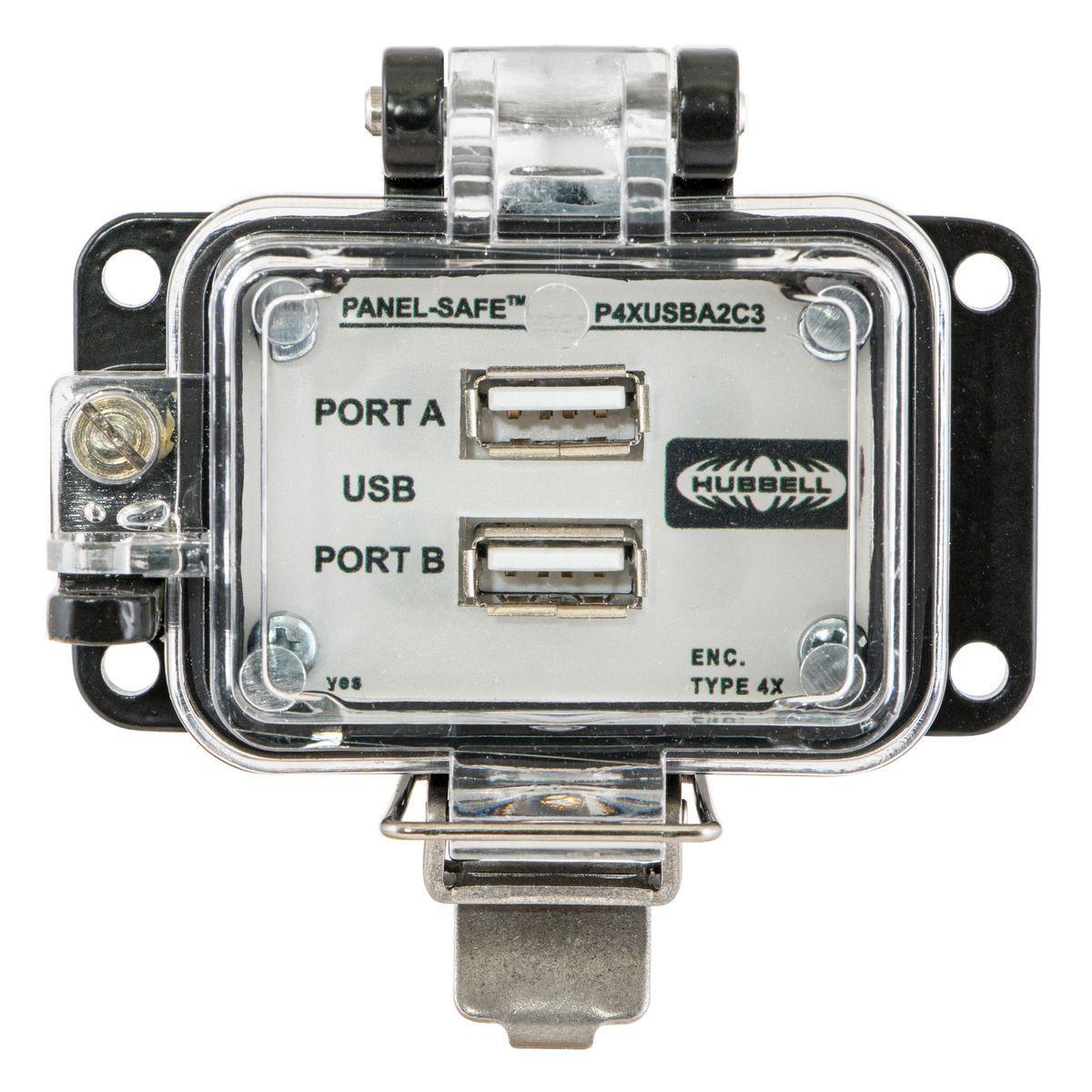Hubbell Wiring Device-Kellems P4XUSBA2C3 Hubbell Wiring Device-Kellems PANEL-SAFE® P4XUSBA2C3 Plug-In Standard Data Port, Screw Mount, 1 Input/3 Output Ports, Composite, Clear/Gray