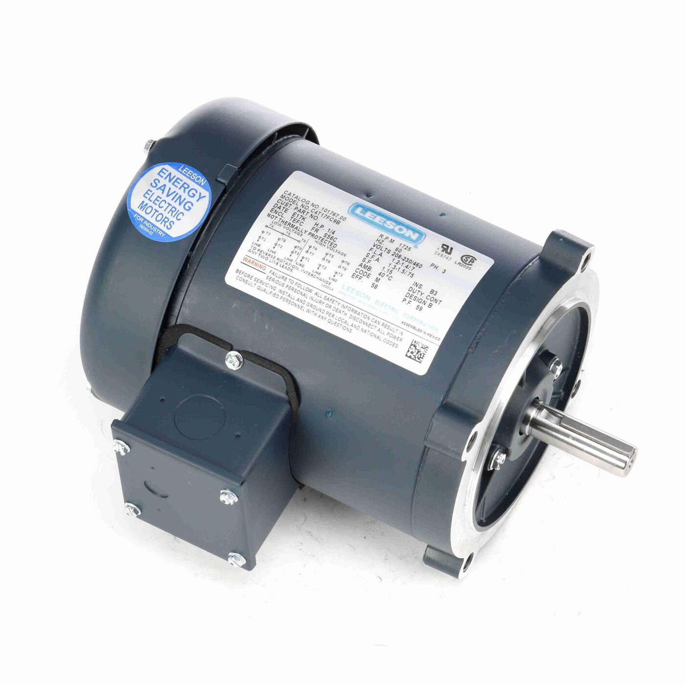 LEESON 101767.00 Type TF Continuous Duty AC Motor, TEFC Enclosure, 1/4 hp, 208 to 230/460 VAC, 60 Hz, 48 Frame, 1725 rpm Speed, Round Mount