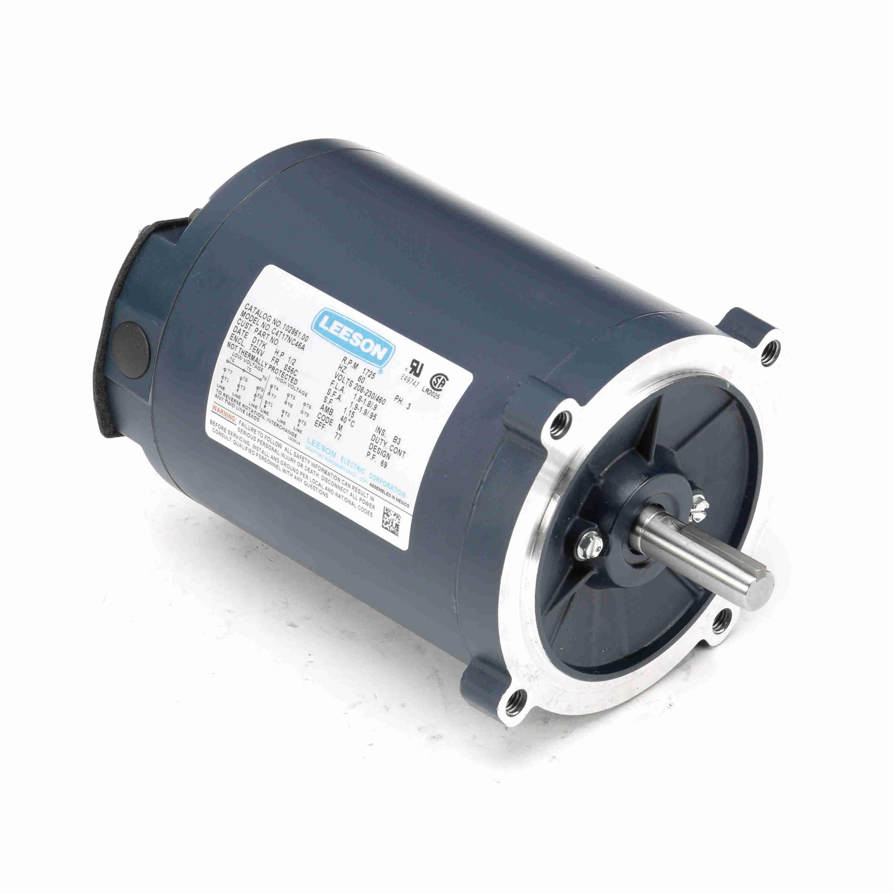 LEESON 102861.00 Type TN Continuous Duty AC Motor, TENV Enclosure, 1/2 hp, 208 to 230/460 V AC, 60 Hz, 48 Frame, 1725 rpm Speed, Round Mount