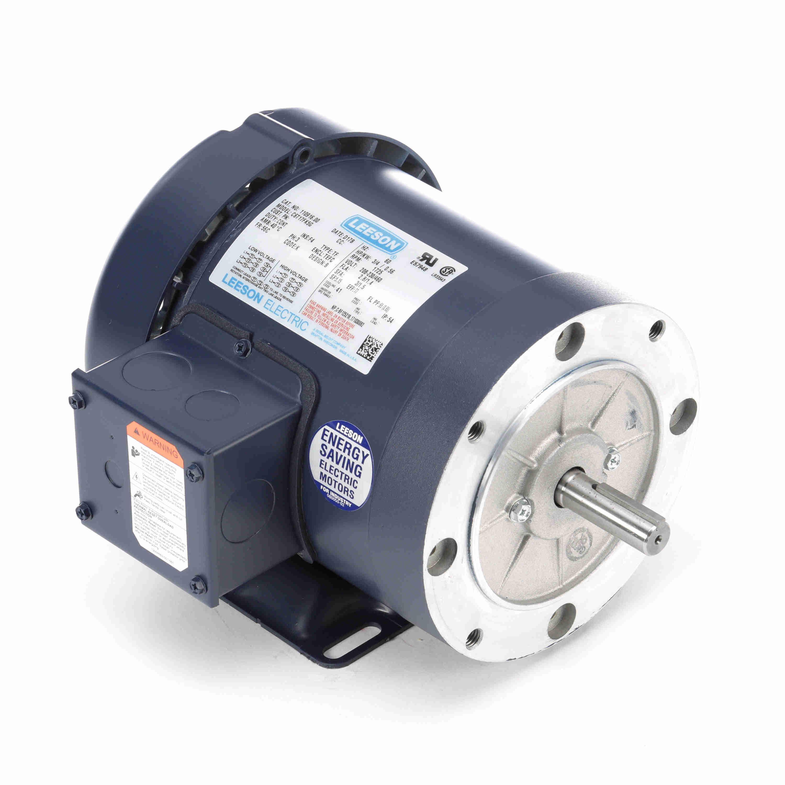 LEESON 110916.00 Type TF Continuous Duty AC Motor, TEFC Enclosure, 3/4 hp, 208 to 230/460 V AC, 60 Hz, 56 Frame, 1725 rpm Speed, Rigid Mount