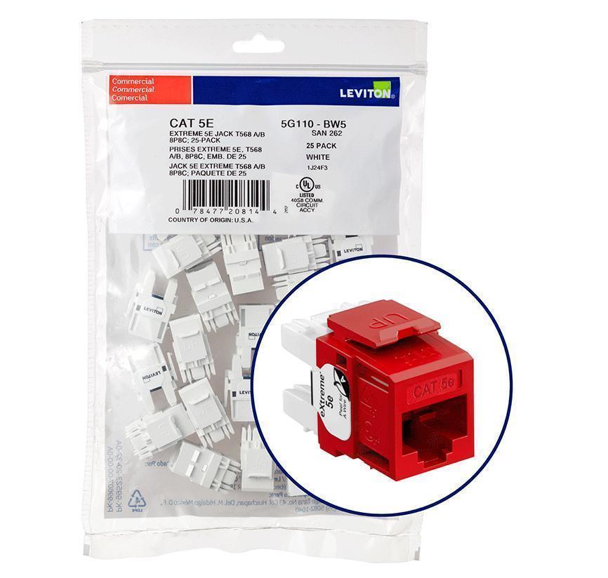 Leviton 5G110-BC5 QuickPack® eXtreme® QuickPort® 5G110-BC5 8-Conductor 8-Position Component Rated UTP Connector, Cat 5e Module, Panel Mount, 1 Ports, Plastic, Crimson Red