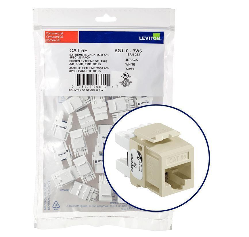 Leviton 5G110-BI5 QuickPack® eXtreme® QuickPort® 5G110-BI5 8-Conductor 8-Position Component Rated UTP Connector, Cat 5e Module, Panel Mount, 1 Ports, Plastic, Ivory