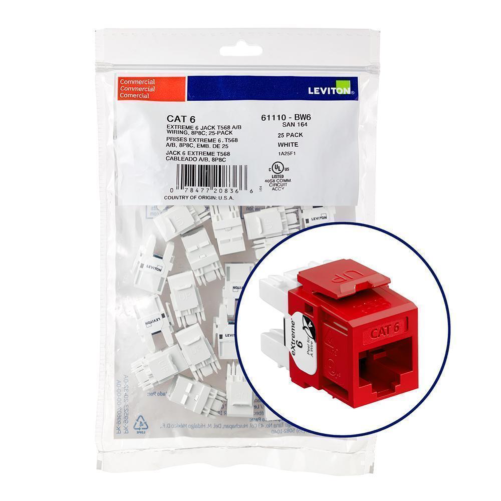 Leviton 61110-BC6 QuickPack® eXtreme® QuickPort® 61110-BC6 8-Conductor 8-Position Channel/Component Rated UTP Connector, Cat 6 Module, Panel Mount, 1 Ports, Plastic, Crimson Red