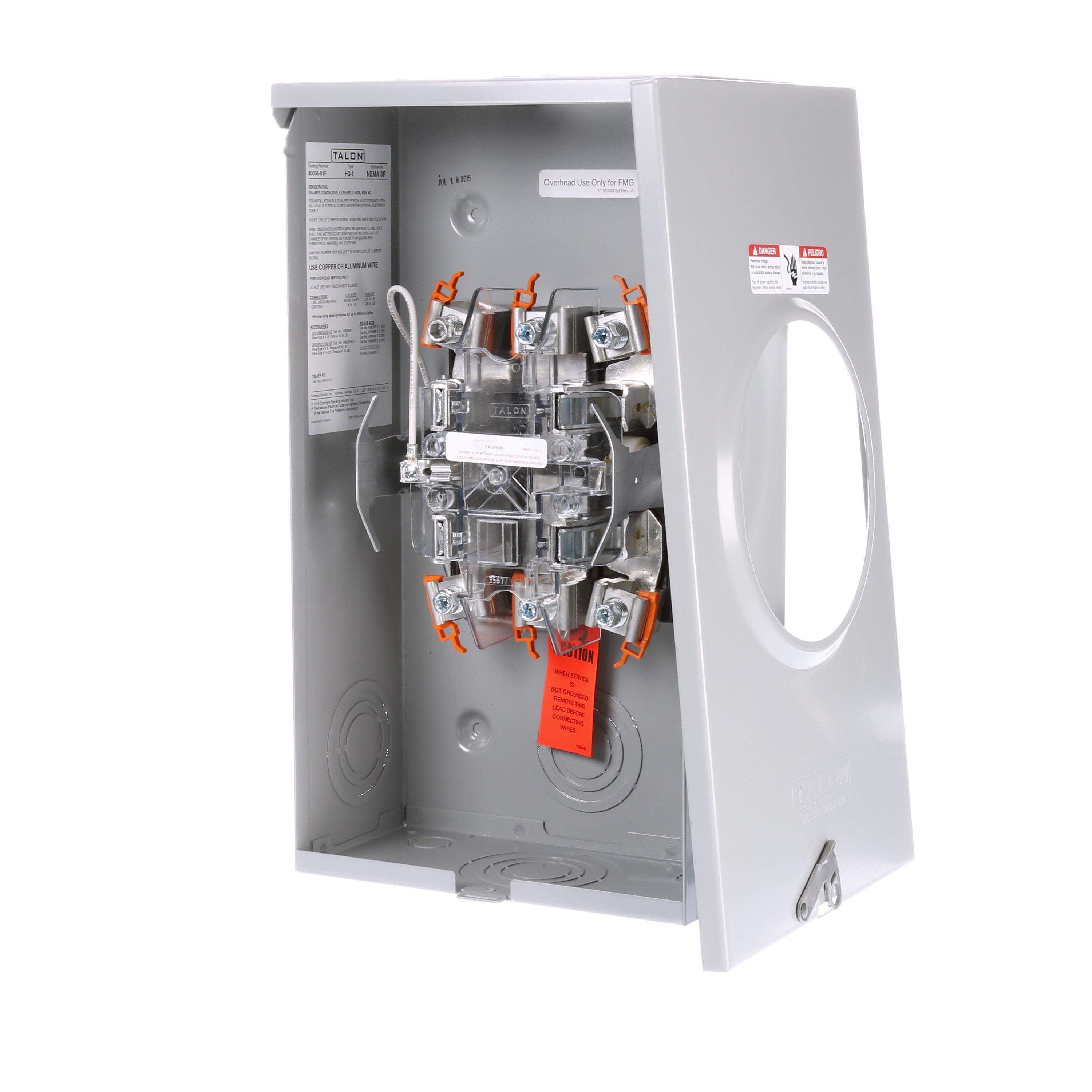 Siemens 40005-01F TALON® 40005-01F 7-Cutout 1-Position Meter Socket With Lever Bypass, 600 V AC, 200 A, 1 Phase, NEMA 3R Enclosure
