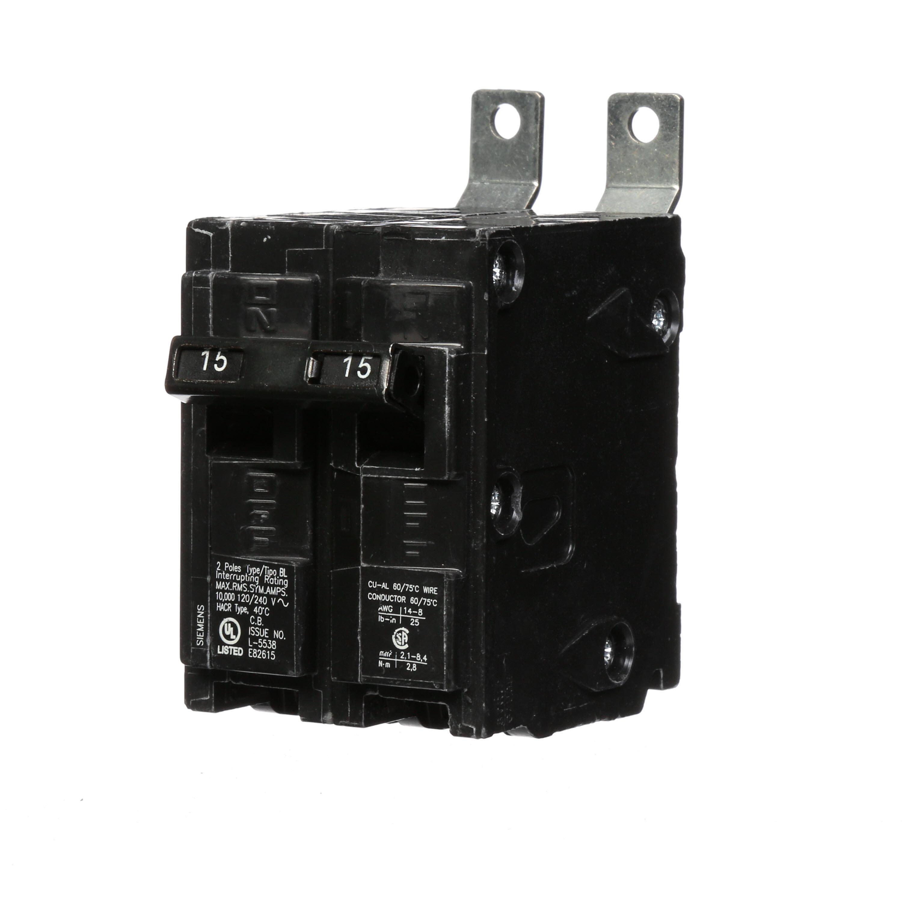 Siemens B215 Type BL Molded Case Circuit Breaker, 120/240 V AC, 15 A, 10 kA Interrupt, 2 Poles, Thermal Magnetic Trip
