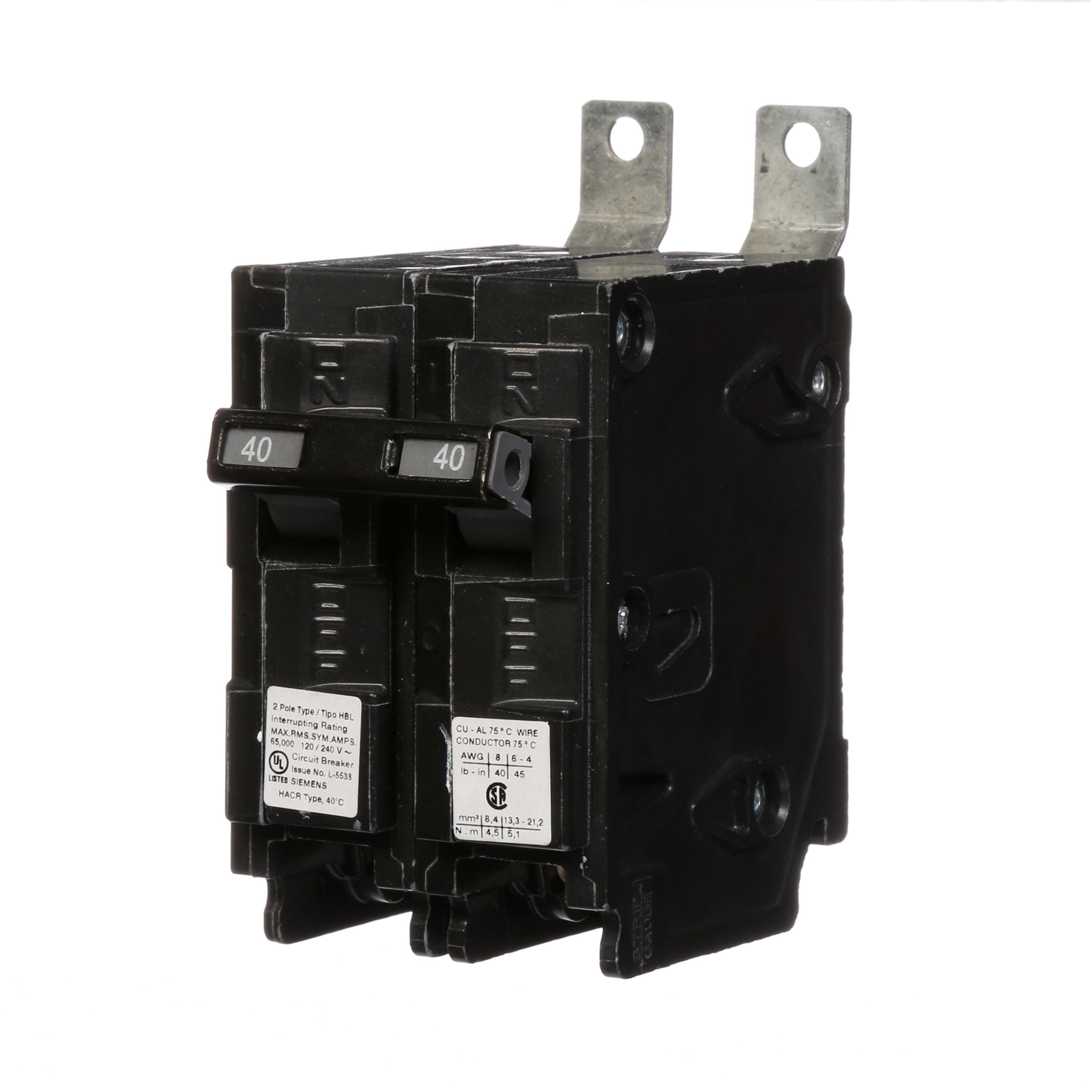 Siemens B240HH Type HBL Low Voltage Molded Case Circuit Breaker, 120/240 V AC, 40 A, 65 kA Interrupt, 2 Poles, Thermal Magnetic Trip