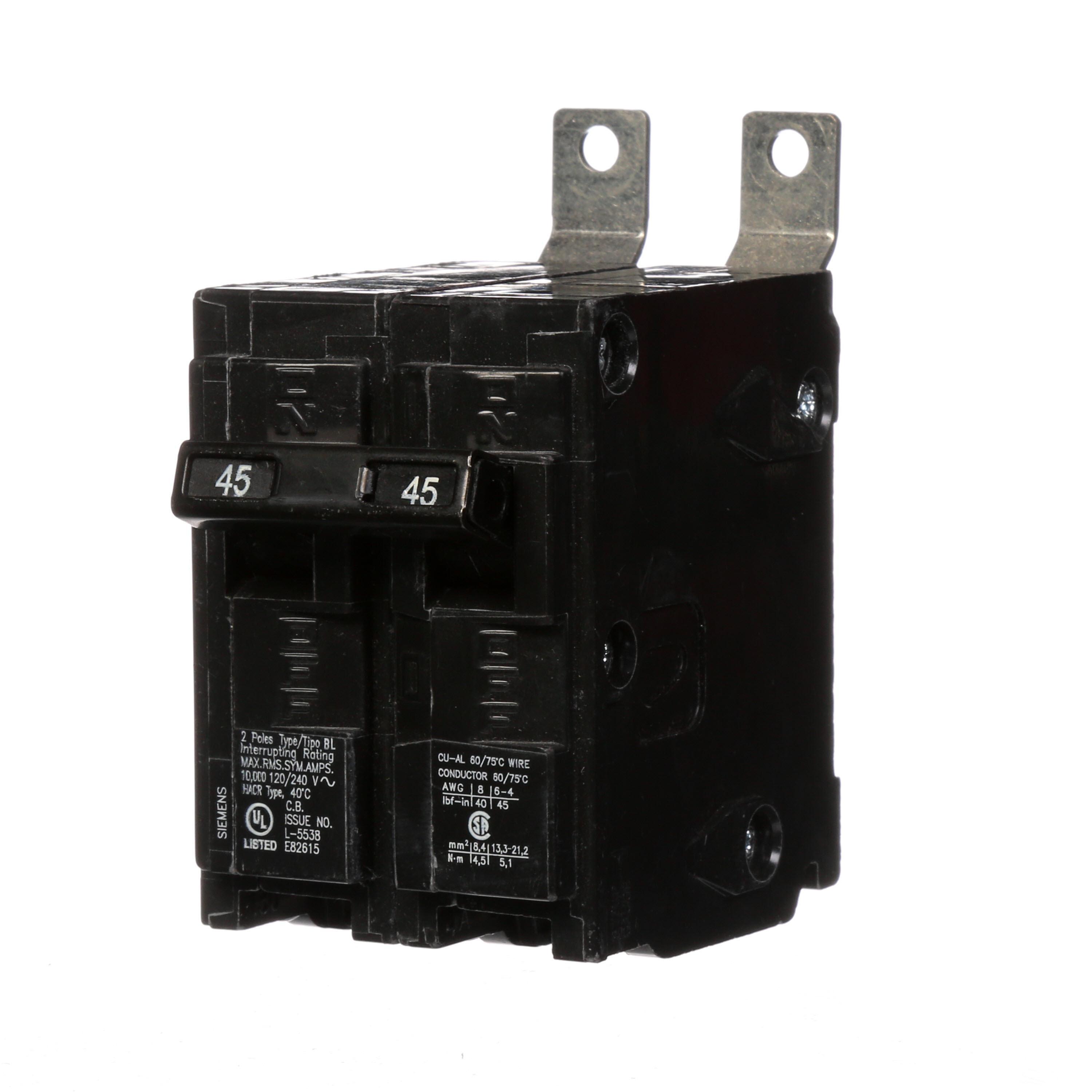Siemens B245 Type BL Low Voltage Molded Case Circuit Breaker, 120/240 V AC, 45 A, 10 kA Interrupt, 2 Poles, Thermal Magnetic Trip