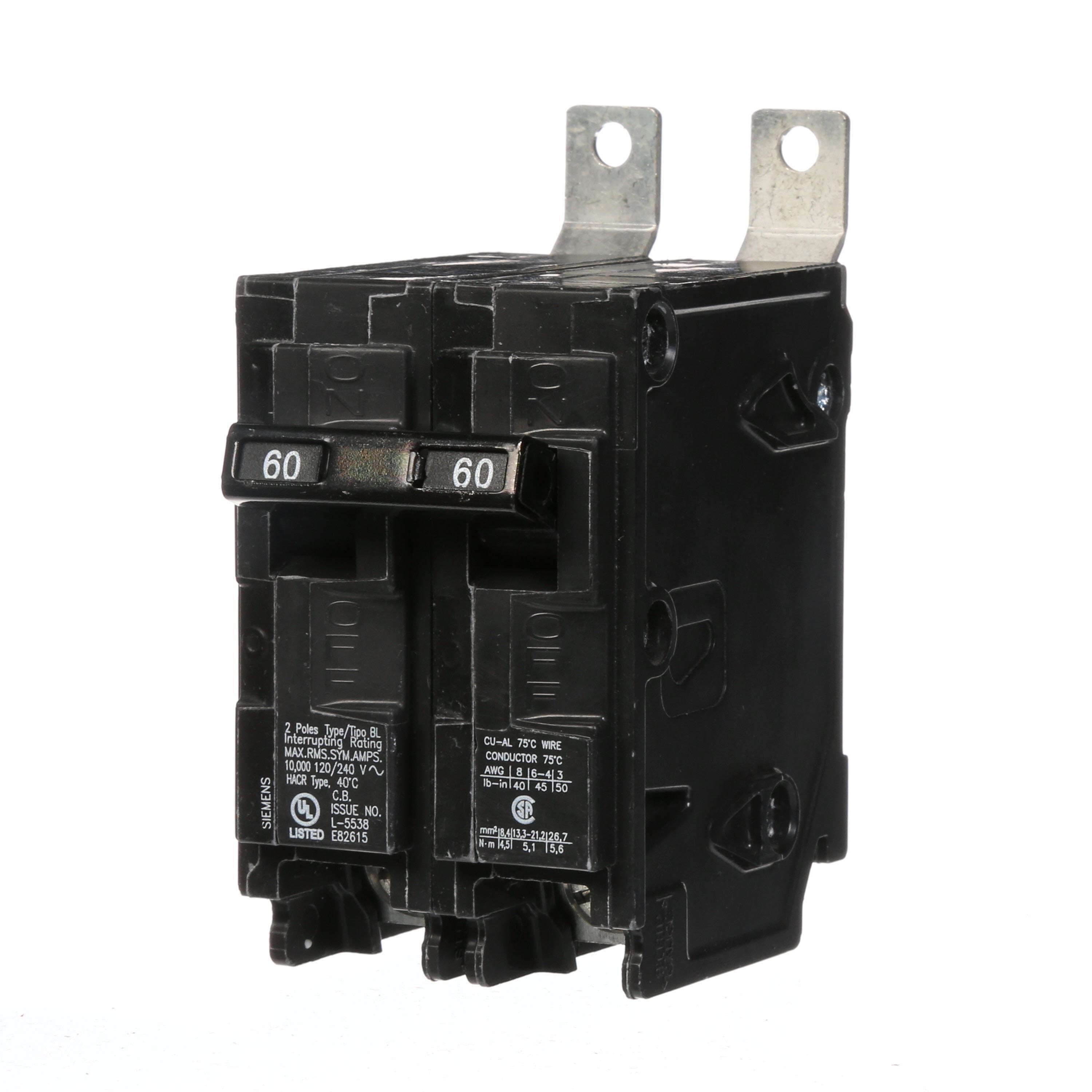 Siemens B260 Type BL Molded Case Circuit Breaker, 120/240 V AC, 60 A, 10 kA Interrupt, 2 Poles, Thermal Magnetic Trip