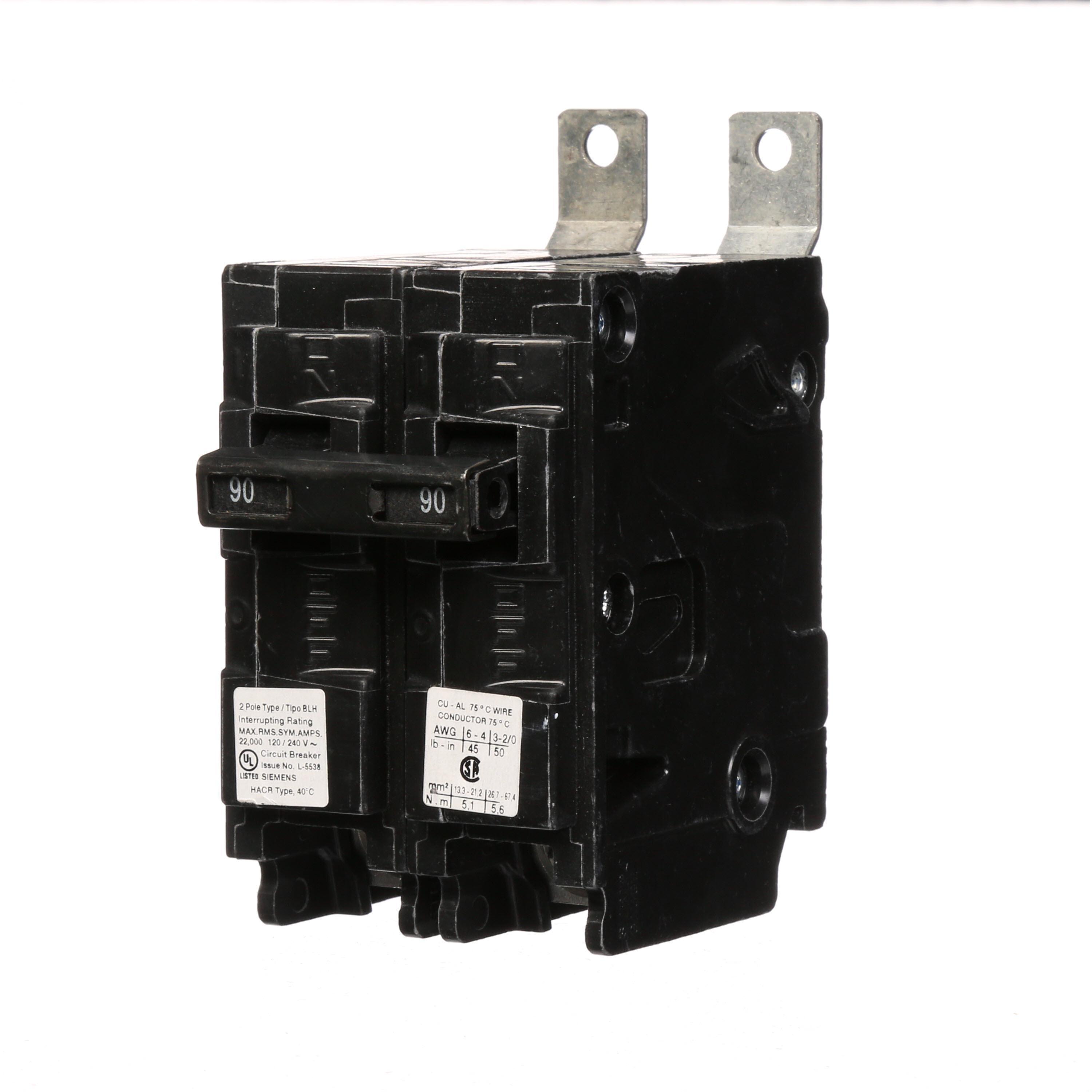 Siemens B290H Type BLH Low Voltage Molded Case Circuit Breaker, 120/240 V AC, 90 A, 22 kA Interrupt, 2 Poles, Thermal Magnetic Trip
