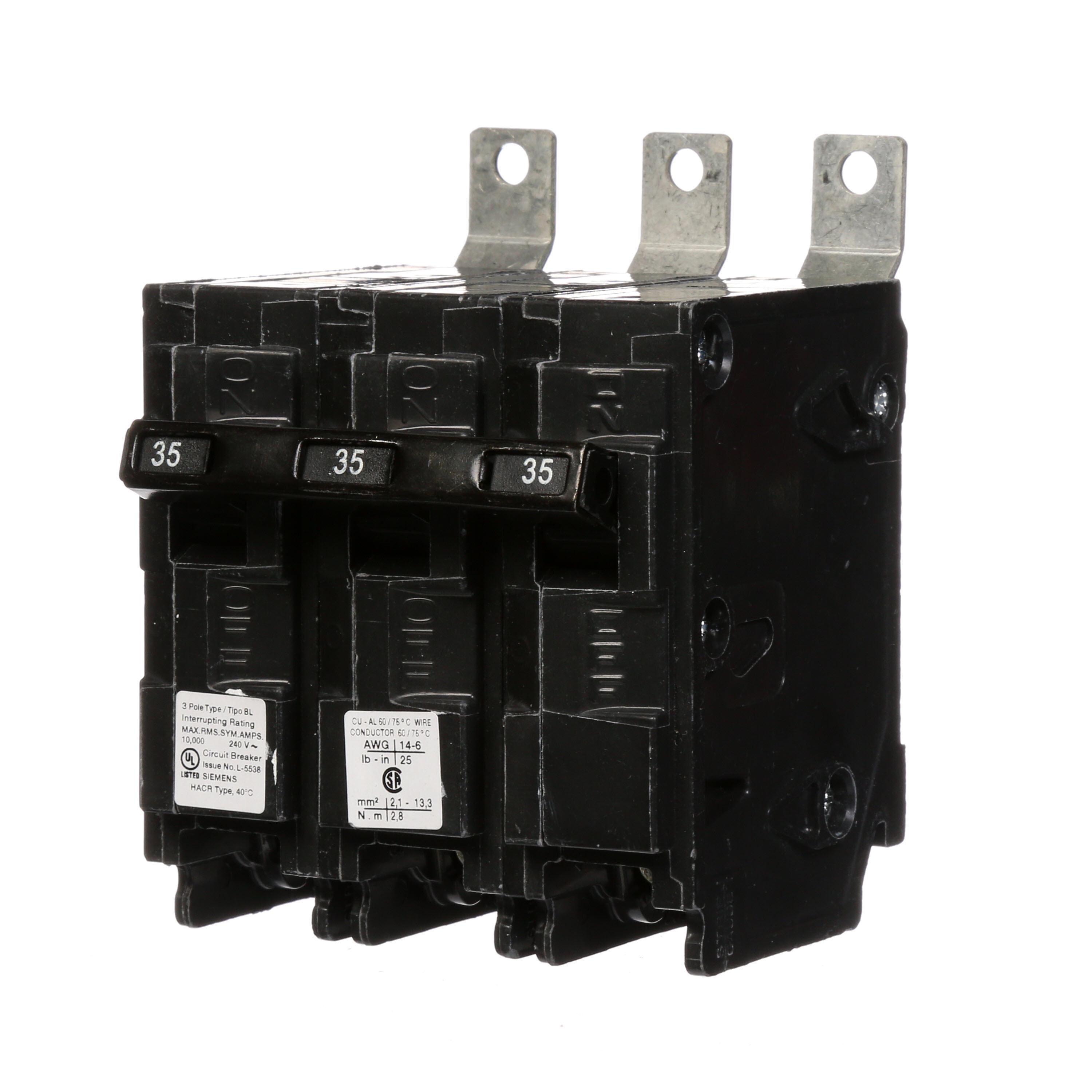 Siemens B335 Type BL Low Voltage Molded Case Circuit Breaker, 240 V AC, 35 A, 10 kA Interrupt, 3 Poles, Thermal Magnetic Trip