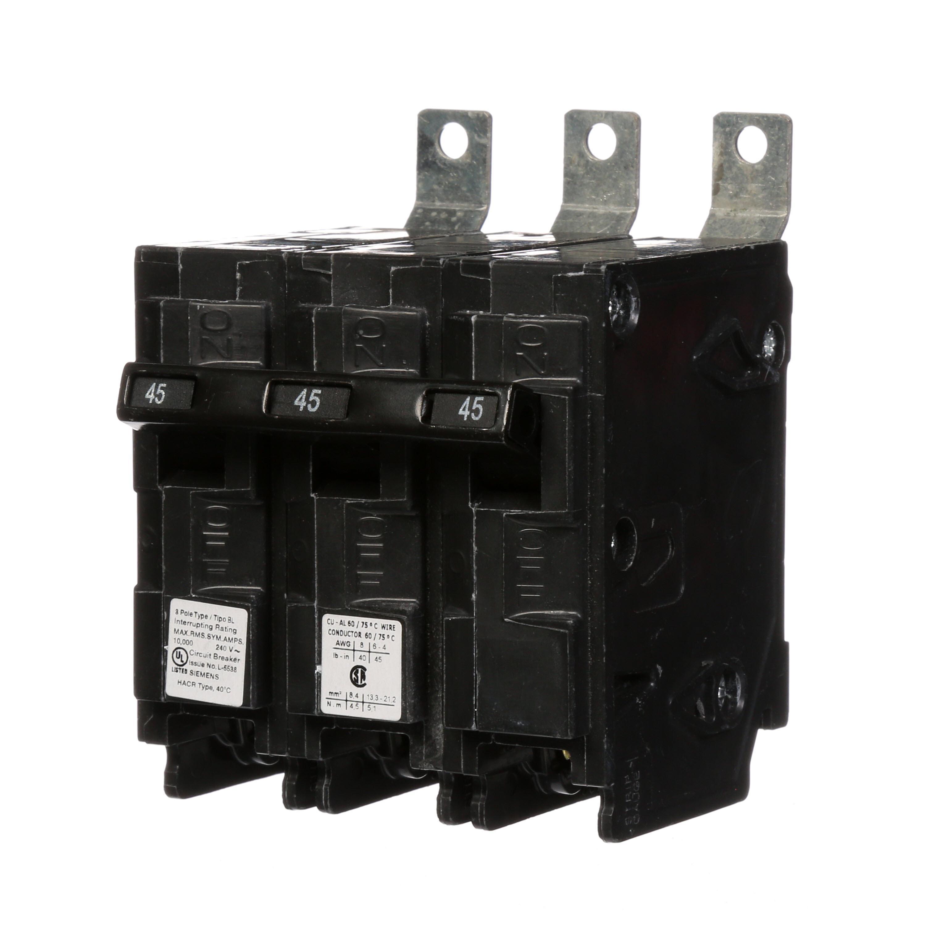 Siemens B345 Type BL Low Voltage Molded Case Circuit Breaker, 240 V AC, 45 A, 10 kA Interrupt, 3 Poles, Thermal Magnetic Trip