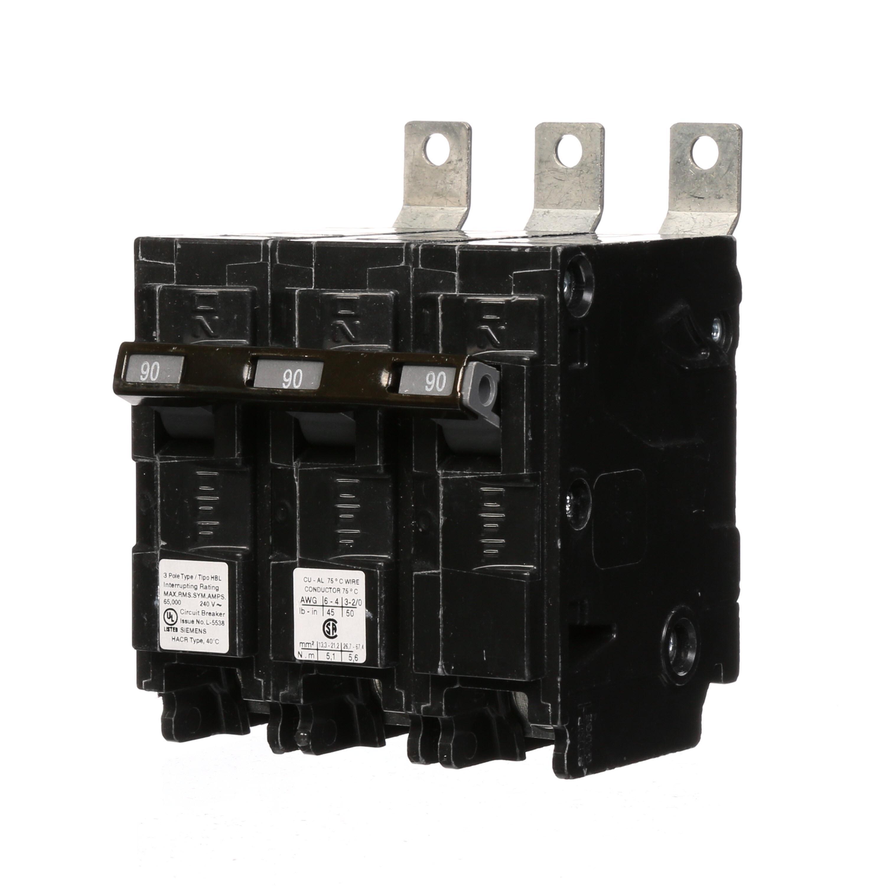Siemens B390HH SpeedFaxTM B390HH Type HBL Molded Case Circuit Breaker With Insta Wire, 240 V AC, 90 A, 65 kA Interrupt, 3 Poles, Thermal Magnetic Trip