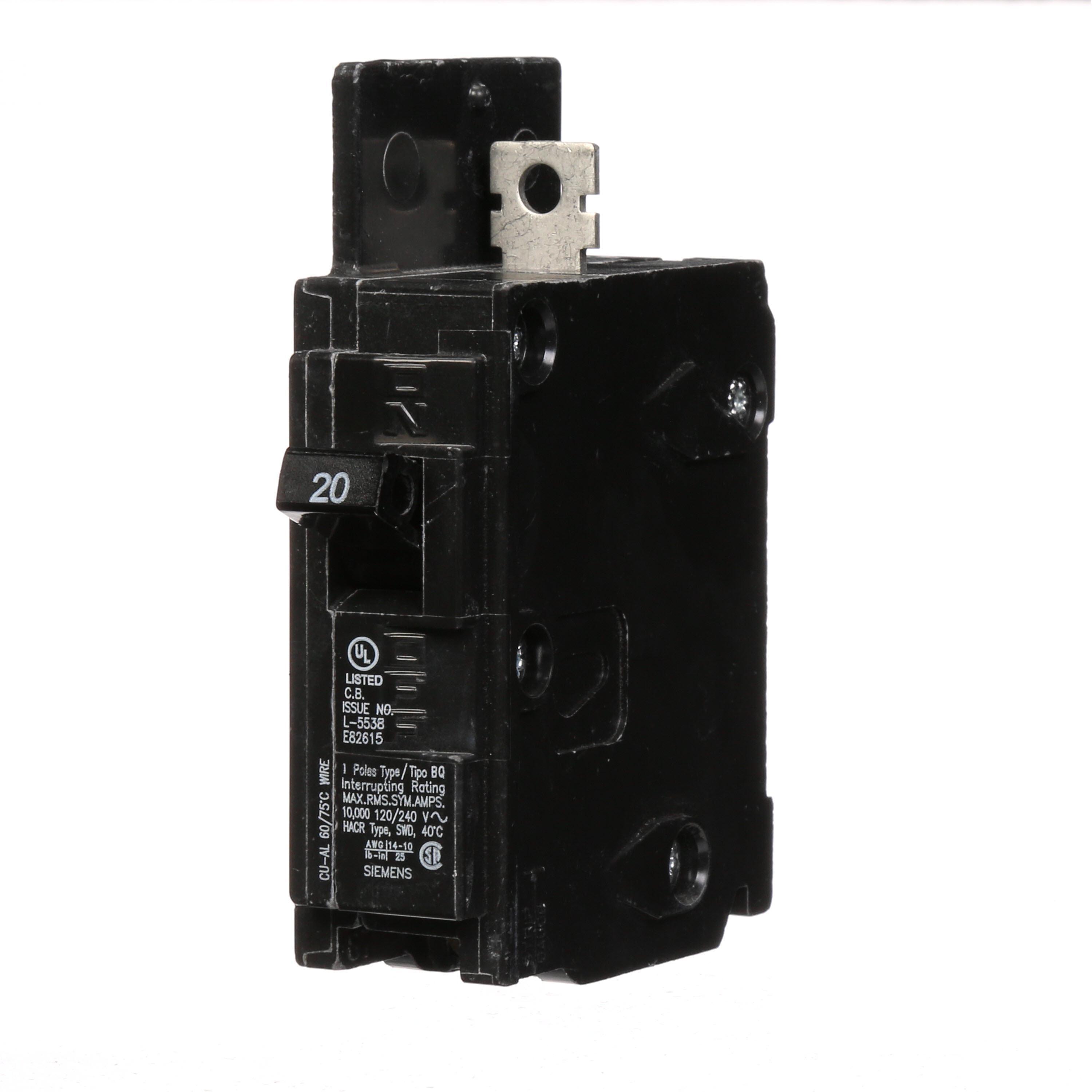 Siemens BQ1B020 Type BQ Low Voltage Molded Case Circuit Breaker, 120 V AC, 20 A, 10 kA Interrupt, 1 Poles, Thermal Magnetic Trip