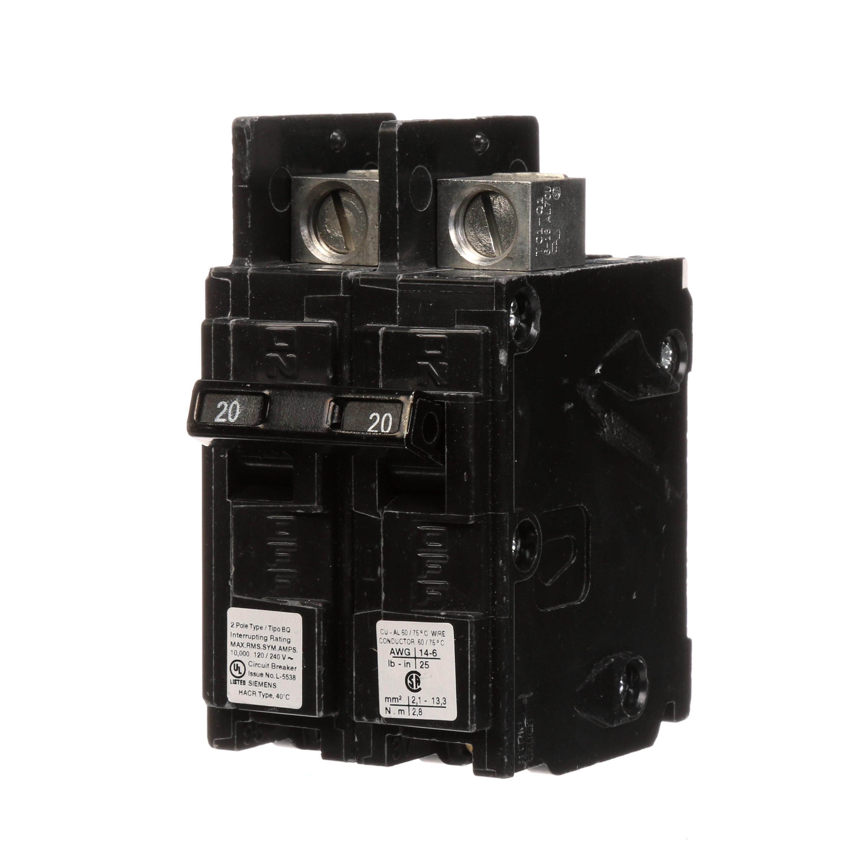 Siemens BQ2B020L Type BQ Low Voltage Molded Case Circuit Breaker, 120/240 V AC, 20 A, 10 kA Interrupt, 2 Poles, Thermal Magnetic Trip
