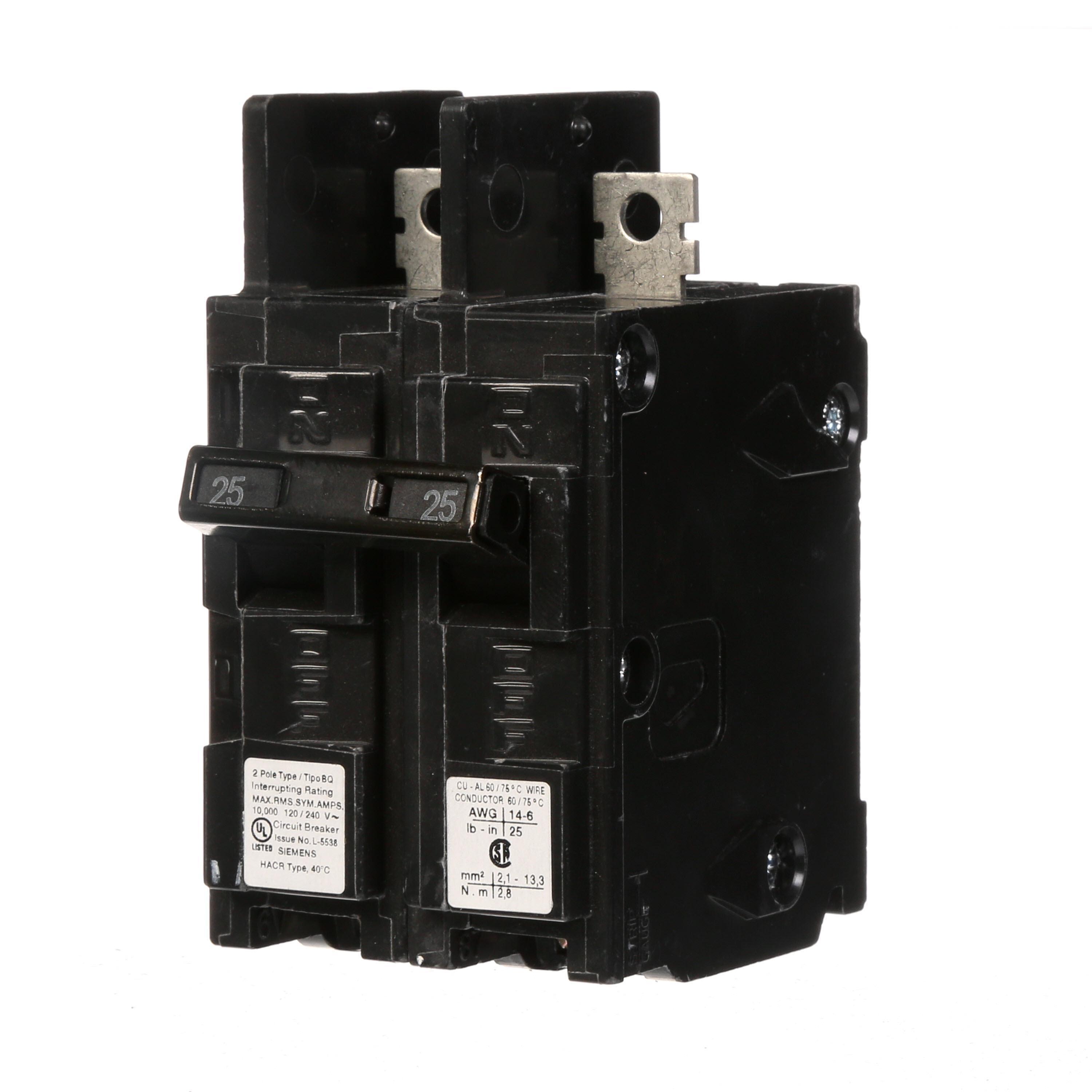 Siemens BQ2B025 Type BQ Low Voltage Molded Case Circuit Breaker, 120/240 V AC, 25 A, 10 kA Interrupt, 2 Poles, Thermal Magnetic Trip