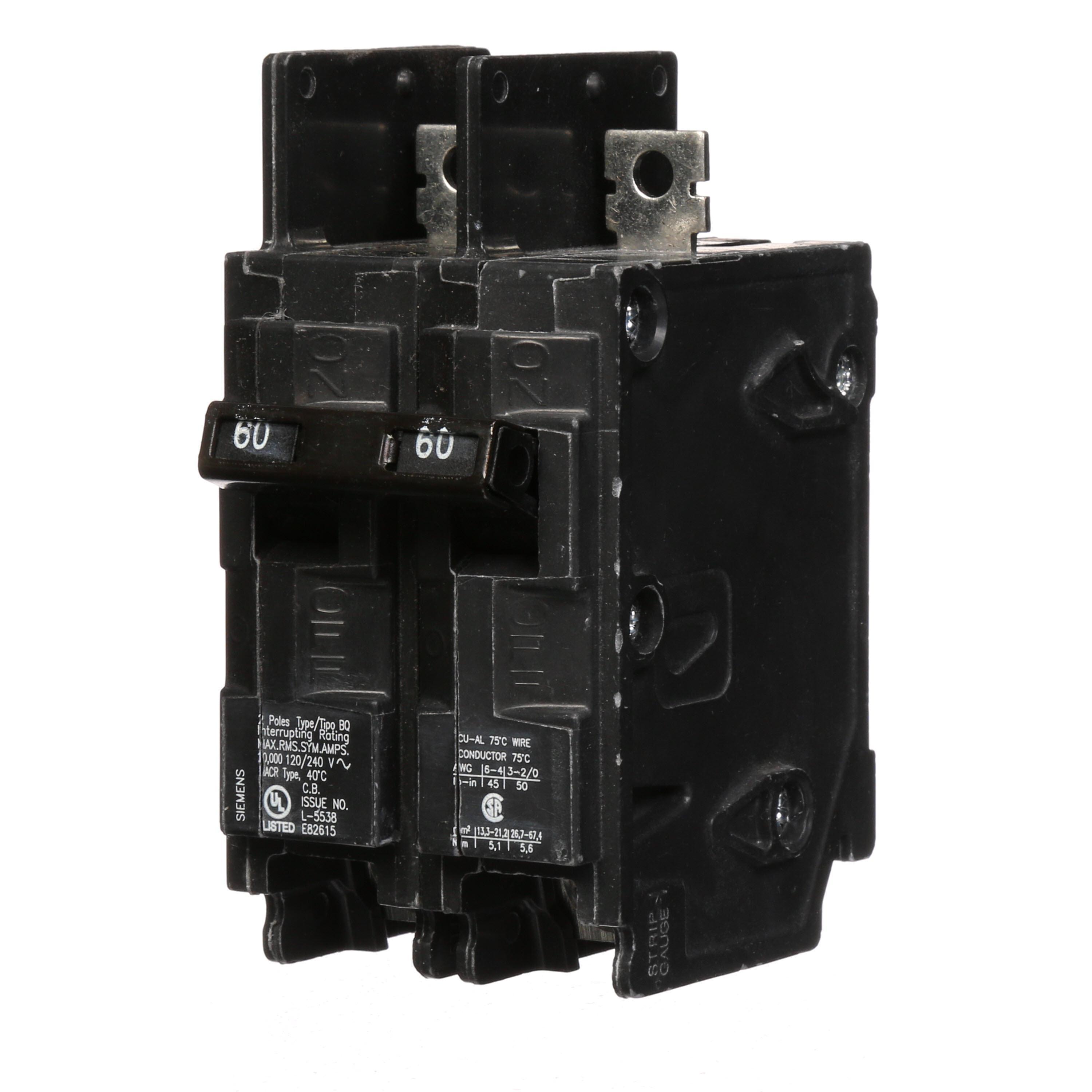 Siemens BQ2B060 Type BQ Low Voltage Molded Case Circuit Breaker, 120/240 V AC, 60 A, 10 kA Interrupt, 2 Poles, Thermal Magnetic Trip