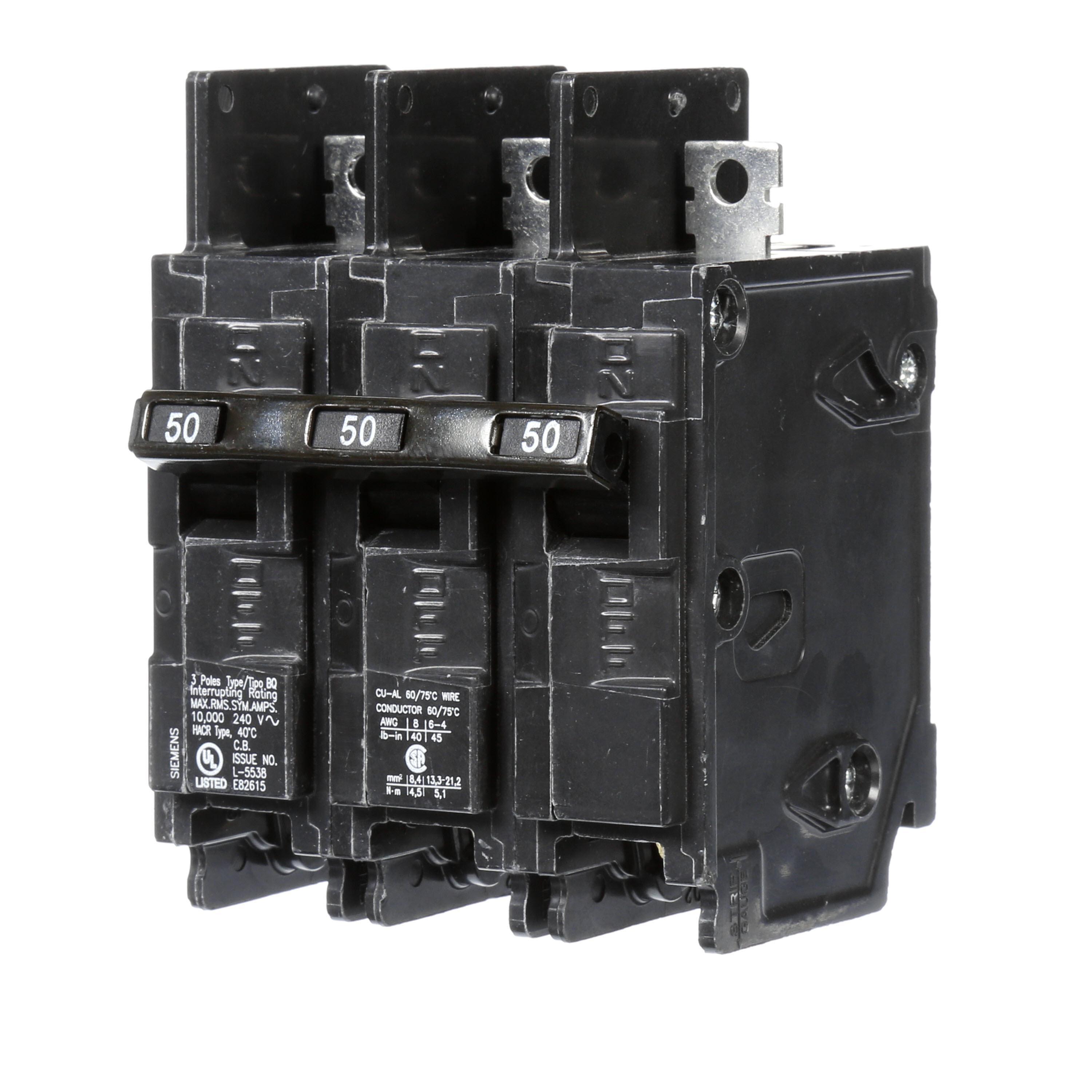 Siemens BQ3B050 Type BQ Low Voltage Molded Case Circuit Breaker, 240 V AC, 50 A, 10 kA Interrupt, 3 Poles, Thermal Magnetic Trip